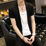 青少年韩版帅气薄款短袖T恤男士假两件风衣开衫发型师纯色汗衫潮