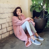 韩国代购stylenanda2016秋外套宽松pink粉色超长款毛衣开衫女针织