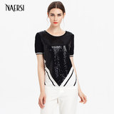NAERSI/娜尔思女装夏圆领条纹撞色亮片短袖针织衫短袖T恤女