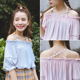 韩版夏季女装新品性感露肩一字领灯笼袖镂空显瘦雪纺衫百搭上衣潮