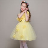 儿童花童礼服春夏女童舞台表演服主持人晚礼服裙蓬蓬裙黄色公主裙