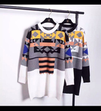 2015冬装女装韩国新款宽松版彩色几何套头中长款针织毛衣女