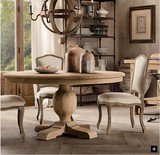 RH美式乡村实木圆餐桌椅组合 欧式仿古复古做旧风格橡木家具定制