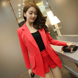 2016新款春装通勤女套装韩版时尚气质红色修身西服+短裤OL两件套