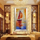 手绘欧式油画现代客厅玄关抽象装饰画办公室挂画竖版有框画帆船