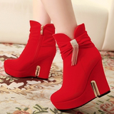 包邮女款靴子秋冬季女鞋红色婚靴高跟鞋坡跟马丁短靴新娘鞋婚鞋子