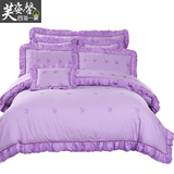 纯棉婚庆四件套4紫色蕾丝欧式被套床单家纺结婚1.8m床上用品新娘