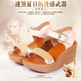 香港代购新款丽质达芙妮坡跟凉鞋女舒适高跟厚底中跟钻真皮女鞋子