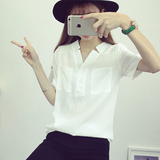夏季时尚新款女装韩版宽松显瘦V领短袖雪纺衬衫百搭白色修身衬衣