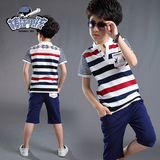 中大童装男童夏装套装2016新款韩版儿童条纹运动服短袖休闲两件套