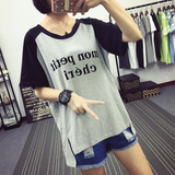 学生半袖少女宽松前短后长短袖T恤女夏装韩国简约字母印花体恤衫