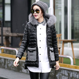 2015冬装新款女修身显瘦狐狸毛领针织口袋中长款加厚棉衣棉服外套