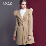 ooz2016春季新款大毛领带帽毛呢外套女中长款韩版系带呢子大衣潮