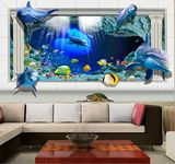 厂价直销订制大型壁画电视背景墙纸壁纸 3D立体海洋世界卡通海豚