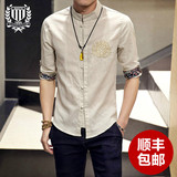 2016夏装男短袖衬衫修身五分袖立领中国风短袖衬衣男