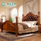 林氏木业美式乡村床1.8米皮床松木床欧式双人床深色家具B4133-PC