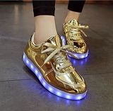 镜面发光鞋LDE灯鞋USB充电七彩板鞋情侣金银色鞋鬼舞步夜光鞋舞鞋