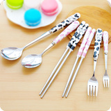韩国可爱陶瓷柄不锈钢餐具 儿童创意筷子叉长柄小勺子调羹甜品勺