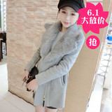 2015韩版新款麂皮绒外套女中长款修身翻领兔毛皮草羊羔毛风衣加厚
