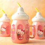 Hello Kitty创意陶瓷杯子大肚 吸管杯带盖 可爱奶瓶水杯KT马克杯