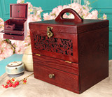 复古中式化妆箱 带镜子大容量实木质仿古化妆品收纳箱储物整理箱