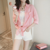 2016夏季韩版新款潮条纹系带中长款打结衬衫女粉色长袖薄款防晒衫