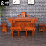 仿古全实木功夫茶桌椅组合 中式古典雕花茶桌椅茶台 原木茶几