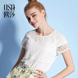 欧莎夏季新款女装上衣韩范百搭蕾丝拼接短袖白色衬衫女