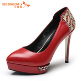 红蜻蜓女鞋 正品真皮2015新款水钻珍珠防水台超高细跟红色女婚鞋
