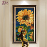 玄关竖幅挂画纯手绘向日葵装饰花卉油画美式乡村有框配画简约现代