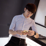 韩国东大门夏季短袖衬衫男士修身型中袖衬衫青年条纹衬衫五分袖潮