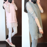 韩国订单2016春装款韩版中长款蕾丝裙套头毛衣两件套女背心针织衫