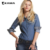 卡玛KAMA 冬季女装 时尚格子拼接长袖休闲修身牛仔衬衫女 7414857
