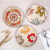 创意手绘盘子陶瓷餐具个性复古花绘图案早餐西餐牛排圆形装饰盘子
