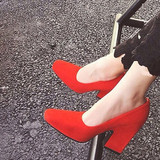 韩国代购2016春秋真皮女鞋红色磨砂方头粗跟单鞋女浅口黑色高跟鞋