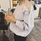 2016春装新款纯色小性感露肩上衣长袖韩版一字领衬衫女