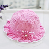 婴儿帽子 女宝宝夏季纯棉镂空遮阳帽公主花边太阳帽0-1岁儿童盆帽