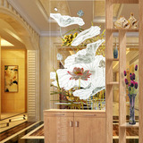 新款艺术玻璃玄关隔断屏风雕刻鞋柜玻璃客厅透明底 彩绘 咏荷