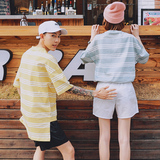 2016夏季新款情侣装韩版百搭条纹撞色短袖粗条纹五分袖T恤男女潮