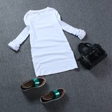 欧洲站2016春季新款打底衫刺身显瘦中长款圆领纯棉长袖白色T恤女