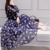 米兰茵2016春夏季韩版新款小鸟印花时尚中长款显瘦性感连衣裙女
