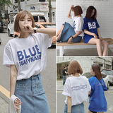 2016夏季新款纯色字母短袖T恤女学生韩范宽松显瘦中长款休闲上衣