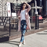 2016秋季新款韩版宽松系带茧型风衣女中长款外套字母印花长袖潮流