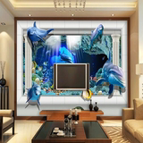 客厅装饰画沙发电视背景墙墙纸墙布3D浮雕海豚海底世界大型壁画