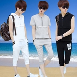 夏季薄款男短袖套装韩版修身青少年运动无袖连帽卫衣套装七分裤潮