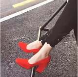 2016春秋新款方头粗跟高跟鞋欧美浅口磨砂真皮中跟女单鞋红色婚鞋