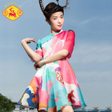 密扇中国风原创设计复古印花显瘦欧根纱夏季a字蓬蓬连衣裙中长款