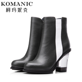 柯玛妮克/Komanic 时尚拼色小牛皮拉链女靴 透明粗高跟短靴K48668