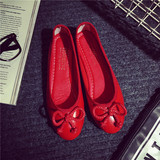 圆头春鞋平底鞋红色甜美平跟漆皮蝴蝶结浅口单鞋女春芭蕾舞鞋瓢鞋
