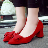 春季女士红色蝴蝶结婚鞋子孕妇中跟新娘粗跟公主红鞋尖头浅口单鞋